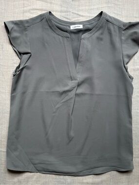 Calvin Klein Women's Slate Gray Notch-Neck Flutter Sleeve Blouse